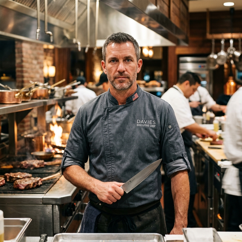 Executive Chef Davies in gray chef jacket with steak knife