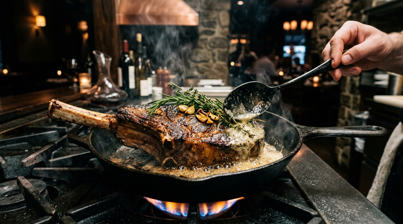 Prime Tomahawk Ribeye Searing in Hot Cast Iron with Thyme & Butter