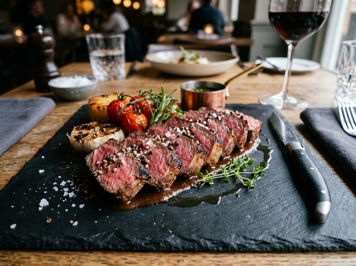 Sliced NY Strip Steak Medallions with Medium-Rare Center on Slate